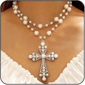 Large Cross Necklace w Pearl Pendants Women Costume Jewelry